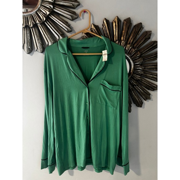 NWT Aerie Long Sleeve Pajama Top Green Navy Piping Button Down Shirt Women's L - Picture 1 of 5